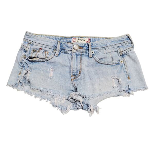 Vintage Y2k Fragile Micro Mini Shorts Light Wash Low Rise Distressed - Size 2 - Picture 1 of 7